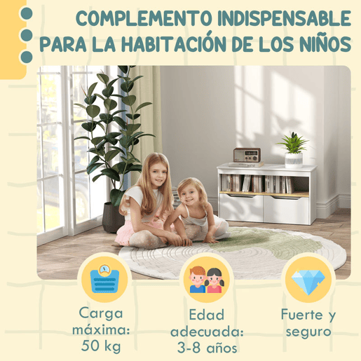 AIYAPLAY Organizador de Brinquedos Móvel de Arrumação Infantil com 2 Gavetas e Compartimento para Dormitório Sala de Jogos 80x30x45 cm Branco