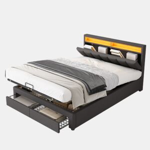Cama de casal de linho 180x200cm com armazenamento,2 gavetas e luz LED,cinzento