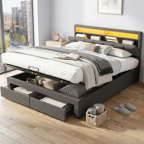 Cama de casal de linho 180x200cm com armazenamento,2 gavetas e luz LED,cinzento Cama de casal de linho 180x200cm com armazenamento,2 gavetas e luz LED,cinzento