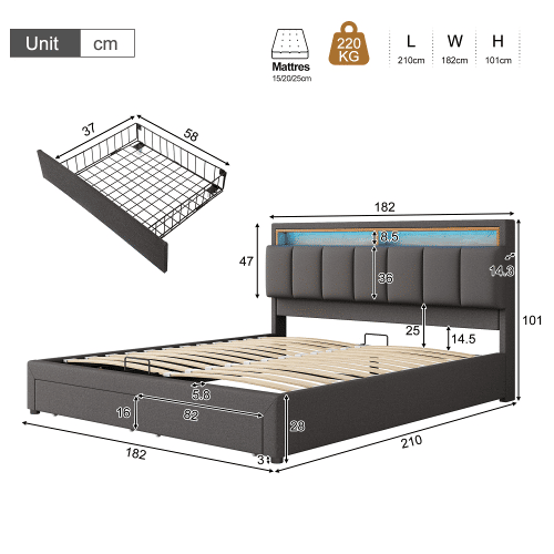 Cama de casal de linho 180x200cm com armazenamento,2 gavetas e luz LED,cinzento Cama de casal de linho 180x200cm com armazenamento,2 gavetas e luz LED,cinzento