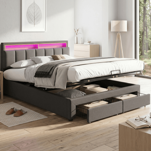 Cama de casal de linho 180x200cm com armazenamento,2 gavetas e luz LED,cinzento Cama de casal de linho 180x200cm com armazenamento,2 gavetas e luz LED,cinzento