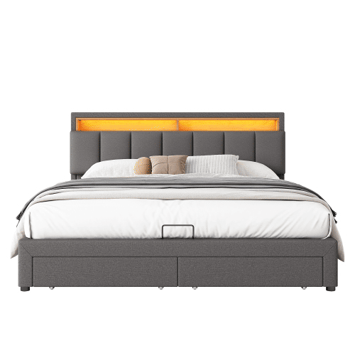 Cama de casal de linho 180x200cm com armazenamento,2 gavetas e luz LED,cinzento Cama de casal de linho 180x200cm com armazenamento,2 gavetas e luz LED,cinzento