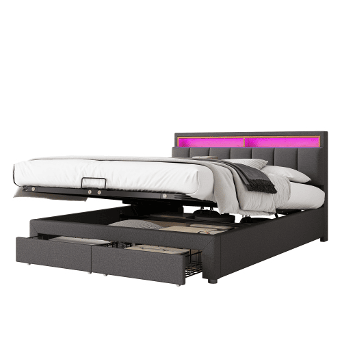 Cama de casal de linho 180x200cm com armazenamento,2 gavetas e luz LED,cinzento Cama de casal de linho 180x200cm com armazenamento,2 gavetas e luz LED,cinzento