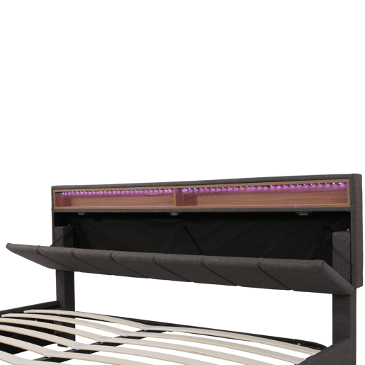 Cama de casal de linho 180x200cm com armazenamento,2 gavetas e luz LED,cinzento Cama de casal de linho 180x200cm com armazenamento,2 gavetas e luz LED,cinzento