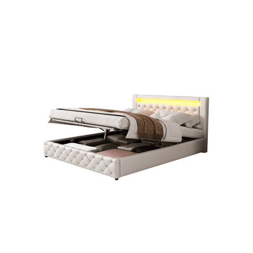 Cama de casal de pu 140x200cm com armazenamento e luz LED,branco