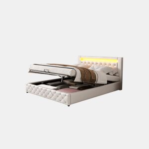 Cama de casal de pu 140x200cm com armazenamento e luz LED,branco