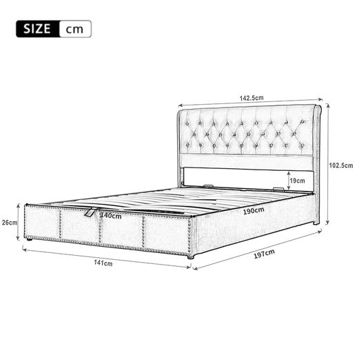 Cama de casal de veludo 140x190cm com armazenamento,cinza claro