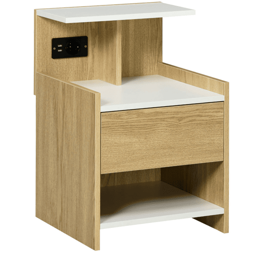 HOMCOM Mesa de Cabeceira Moderna Mesa de Cabeceira com Entrada USB Tomada Elétrica Gaveta e Prateleiras Mesa de Cabeceira para Dormitório 40x40x60 cm Madeira