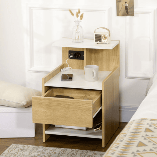 HOMCOM Mesa de Cabeceira Moderna Mesa de Cabeceira com Entrada USB Tomada Elétrica Gaveta e Prateleiras Mesa de Cabeceira para Dormitório 40x40x60 cm Madeira