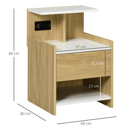 HOMCOM Mesa de Cabeceira Moderna Mesa de Cabeceira com Entrada USB Tomada Elétrica Gaveta e Prateleiras Mesa de Cabeceira para Dormitório 40x40x60 cm Madeira