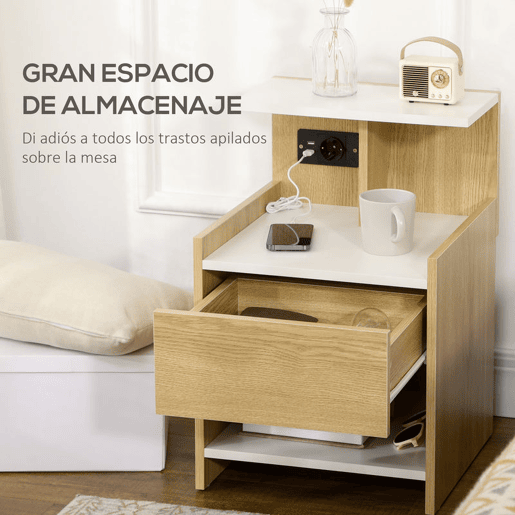 HOMCOM Mesa de Cabeceira Moderna Mesa de Cabeceira com Entrada USB Tomada Elétrica Gaveta e Prateleiras Mesa de Cabeceira para Dormitório 40x40x60 cm Madeira