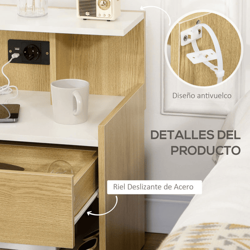 HOMCOM Mesa de Cabeceira Moderna Mesa de Cabeceira com Entrada USB Tomada Elétrica Gaveta e Prateleiras Mesa de Cabeceira para Dormitório 40x40x60 cm Madeira