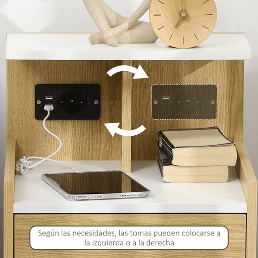 HOMCOM Mesa de Cabeceira Moderna Mesa de Cabeceira com Entrada USB Tomada Elétrica Gaveta e Prateleiras Mesa de Cabeceira para Dormitório 40x40x60 cm Madeira