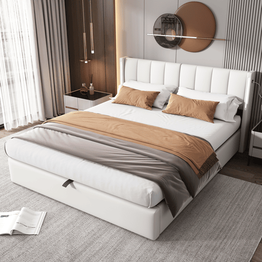 Cama de casal de pu 180x200cm com armazenamento,luz LED,branco Cama de casal de pu 180x200cm com armazenamento,luz LED,branco