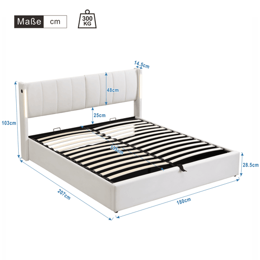 Cama de casal de pu 180x200cm com armazenamento,luz LED,branco Cama de casal de pu 180x200cm com armazenamento,luz LED,branco
