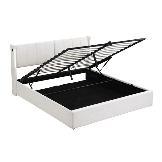 Cama de casal de pu 180x200cm com armazenamento,luz LED,branco Cama de casal de pu 180x200cm com armazenamento,luz LED,branco