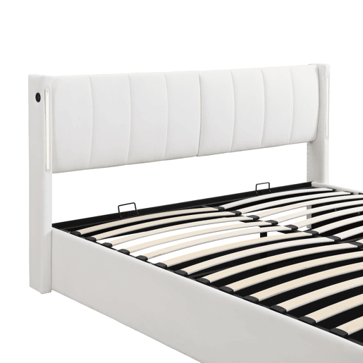 Cama de casal de pu 180x200cm com armazenamento,luz LED,branco Cama de casal de pu 180x200cm com armazenamento,luz LED,branco