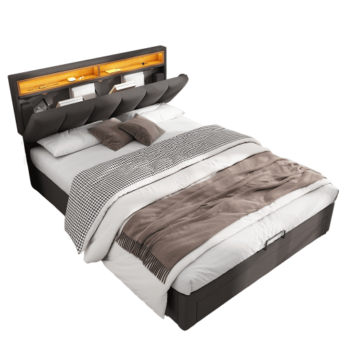 Cama de casal de linho 140x200cm com armazenamento,1 gaveta e luz LED,cinzento Cama de casal de linho 140x200cm com armazenamento,1 gaveta e luz LED,cinzento