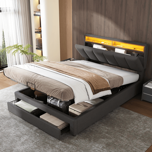 Cama de casal de linho 140x200cm com armazenamento,1 gaveta e luz LED,cinzento Cama de casal de linho 140x200cm com armazenamento,1 gaveta e luz LED,cinzento