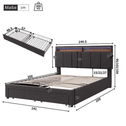 Cama de casal de linho 140x200cm com armazenamento,1 gaveta e luz LED,cinzento Cama de casal de linho 140x200cm com armazenamento,1 gaveta e luz LED,cinzento