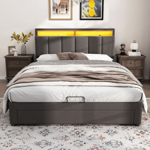 Cama de casal de linho 140x200cm com armazenamento,1 gaveta e luz LED,cinzento Cama de casal de linho 140x200cm com armazenamento,1 gaveta e luz LED,cinzento