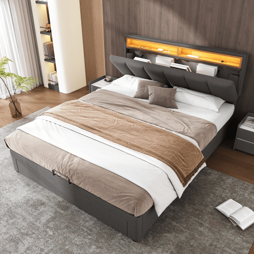 Cama de casal de linho 140x200cm com armazenamento,1 gaveta e luz LED,cinzento Cama de casal de linho 140x200cm com armazenamento,1 gaveta e luz LED,cinzento