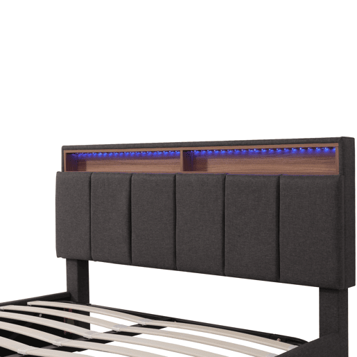Cama de casal de linho 140x200cm com armazenamento,1 gaveta e luz LED,cinzento Cama de casal de linho 140x200cm com armazenamento,1 gaveta e luz LED,cinzento