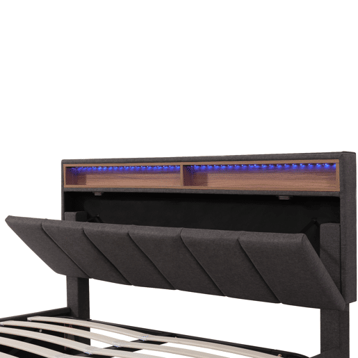 Cama de casal de linho 140x200cm com armazenamento,1 gaveta e luz LED,cinzento Cama de casal de linho 140x200cm com armazenamento,1 gaveta e luz LED,cinzento