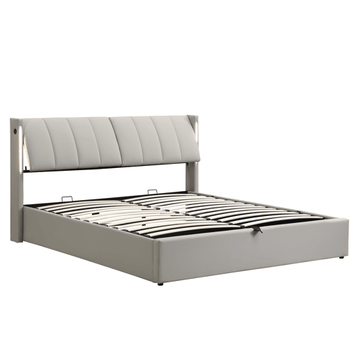 Cama de casal de pu 140x200cm com armazenamento,luz LED,cinzento