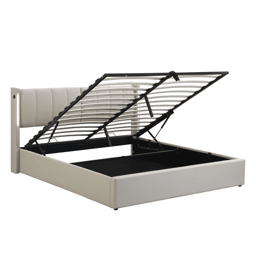 Cama de casal de pu 140x200cm com armazenamento,luz LED,cinzento