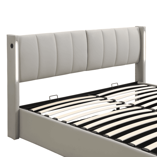Cama de casal de pu 140x200cm com armazenamento,luz LED,cinzento