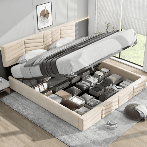 Cama de casal de veludo 180x200cm com armazenamento,bege