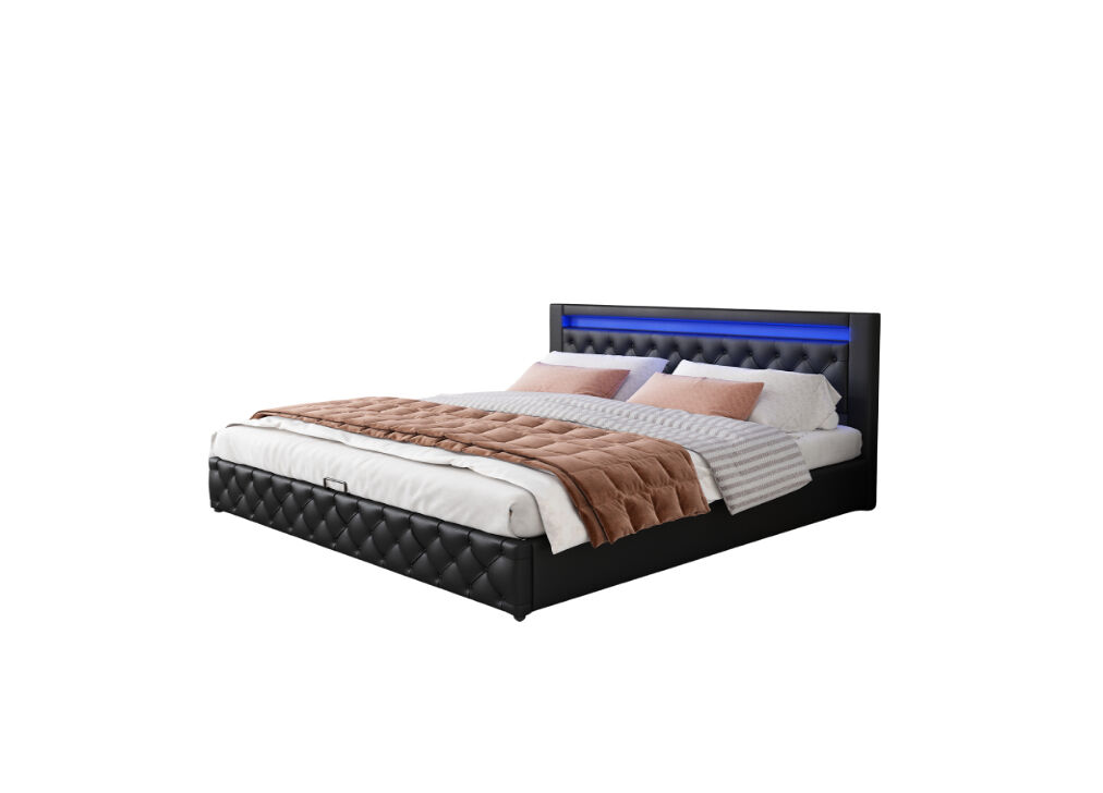 Cama de matrimonio de poliuretano 160x200cm con almacenaje y luz led,negro
