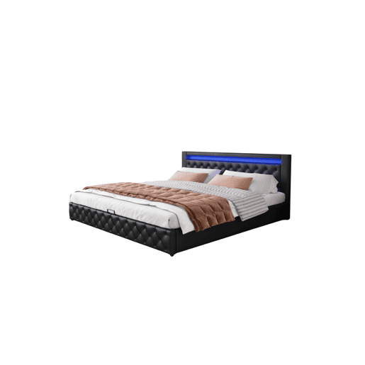 Cama de casal de pu 160x200cm com armazenamento e luz LED,preto