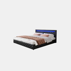 Cama de casal de pu 160x200cm com armazenamento e luz LED,preto