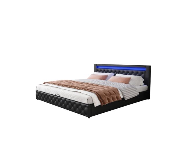 Cama de matrimonio de poliuretano 160x200cm con almacenaje y luz led,negro