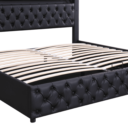 Cama de casal de pu 160x200cm com armazenamento e luz LED,preto
