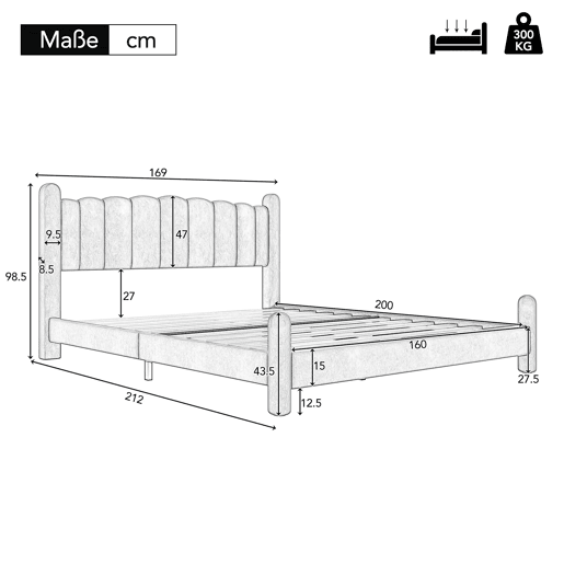 Cama de casal de veludo 160x200cm,bege