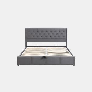 Cama de casal de veludo 140x200cm com armazenamento,cinza escuro