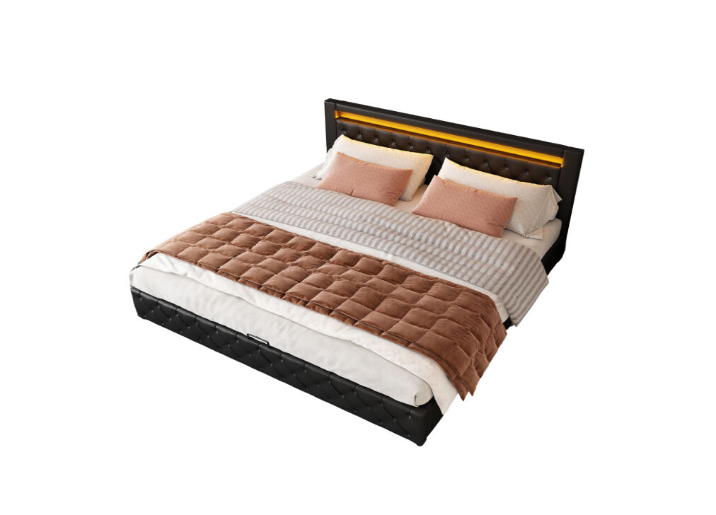 Cama de matrimonio de poliuretano 180x200cm con almacenaje y luz led,negro