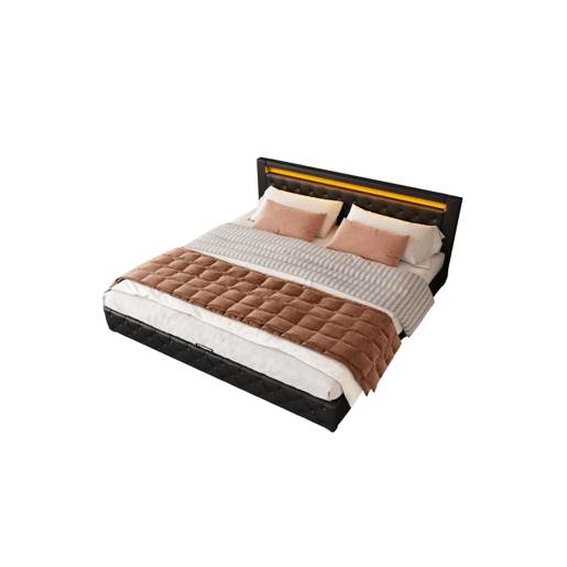 Cama de casal de pu 180x200cm com armazenamento e luz LED,preto
