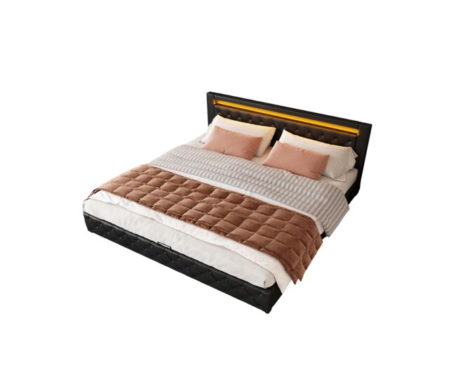 Cama de matrimonio de poliuretano 180x200cm con almacenaje y luz led,negro