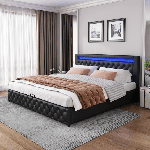 Cama de casal de pu 180x200cm com armazenamento e luz LED,preto