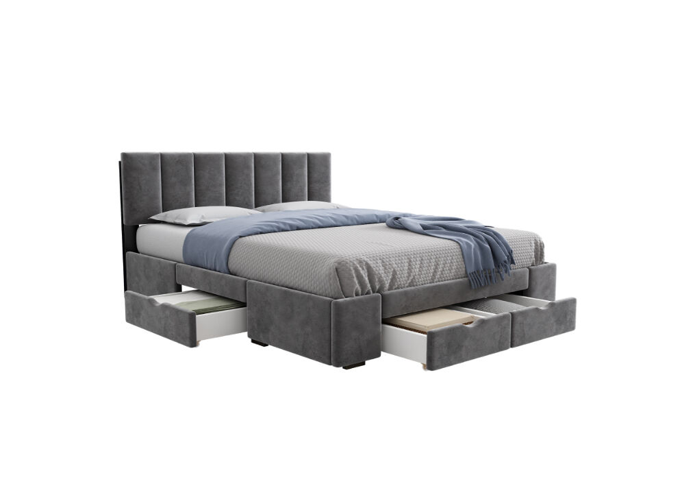 Cama de matrimonio de terciopelo 140x200cm con 4 cajoness,gris
