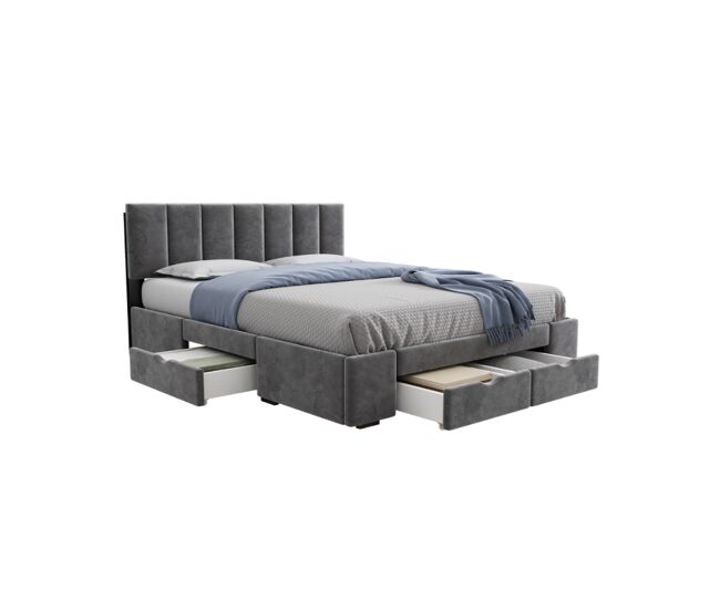 Cama de matrimonio de terciopelo 140x200cm con 4 cajoness,gris