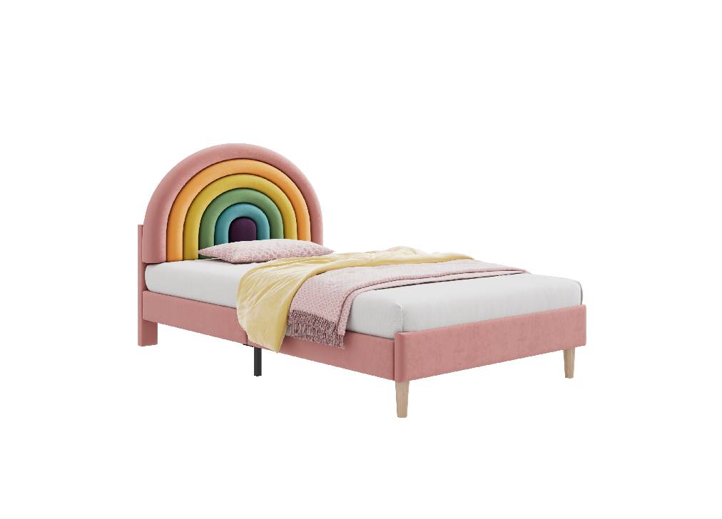 Cama juvenil de terciopelo 90x200cm con cabecera de altura ajustable,en forma de arcoiris,rosa