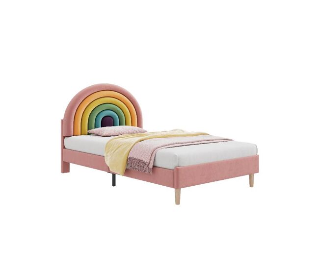 Cama juvenil de terciopelo 90x200cm con cabecera de altura ajustable,en forma de arcoiris,rosa