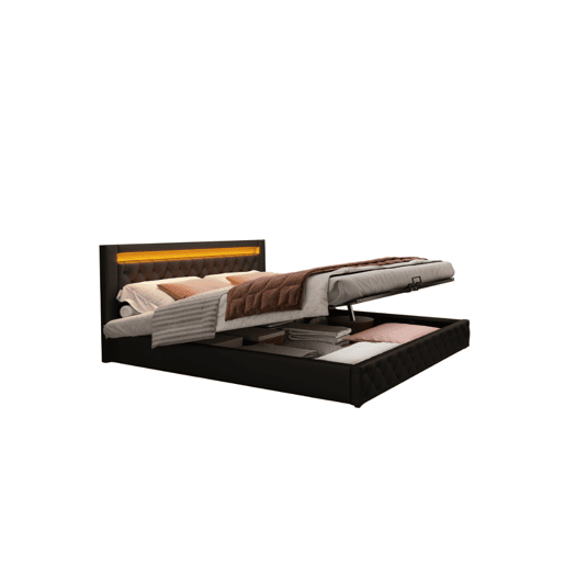 Cama de casal de pu 140x200cm com armazenamento e luz LED,preto