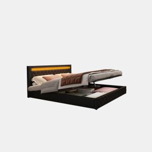 Cama de casal de pu 140x200cm com armazenamento e luz LED,preto