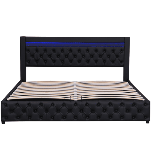 Cama de casal de pu 140x200cm com armazenamento e luz LED,preto